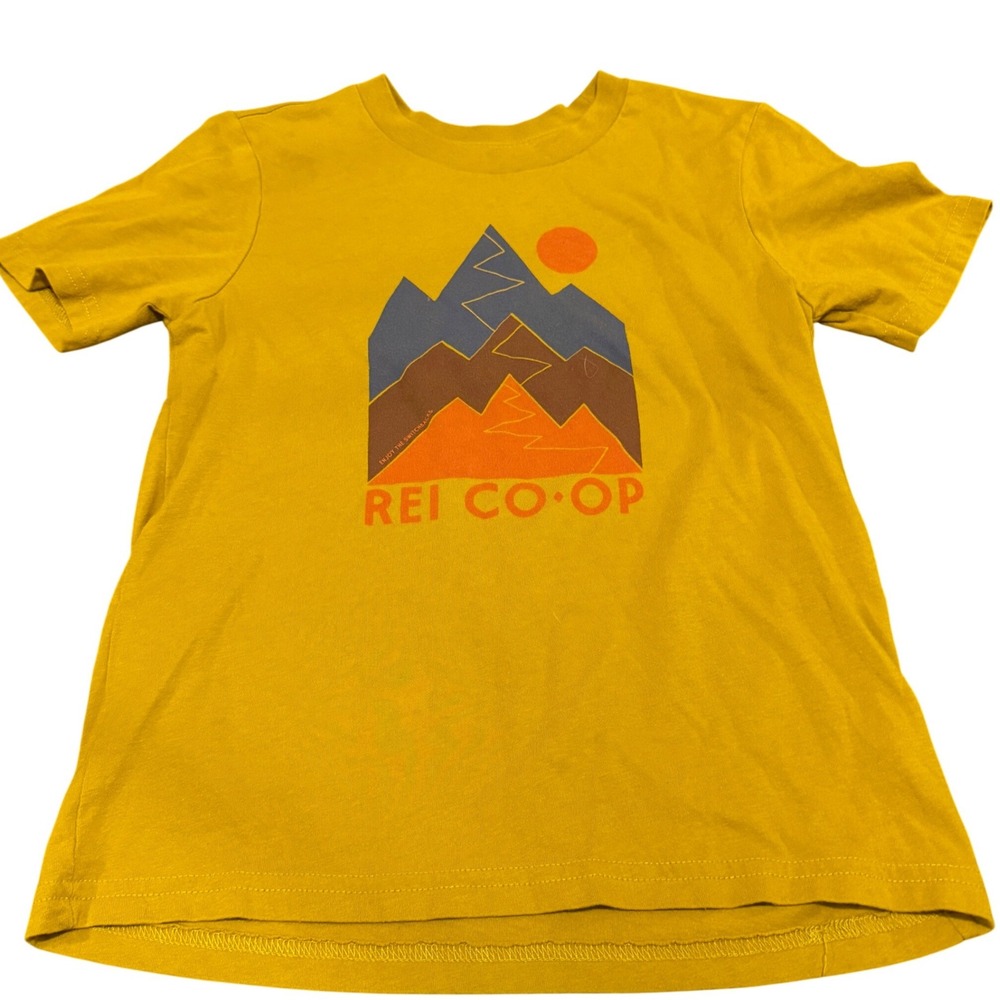 REI Co-op Kids Graphic T-Shirt Mustard Yellow Mountain Graphic Size M 10-12